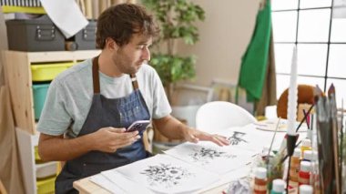 Sarışın sakallı, kendine güvenen genç İspanyol sanatçı, kapalı bir sanat stüdyosunda çizim yapmak için akıllı telefonuyla gezici bir fotoğraf çekiyor.