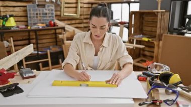 Genç, güzel İspanyol kadın marangozun büyüleyici portresi sanatına kendini tamamen kaptırmış, samimi marangozluk atölyesinde ayrıntılı marangozluk planları çiziyor.