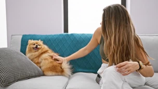 自宅でソファーに座っている陽気な若いヒスパニックの女性は 自信を持って彼女のスマートフォンにテキストを送りながら 喜びを放つ彼女の面白い犬を幸せに抱きしめます — ストック動画