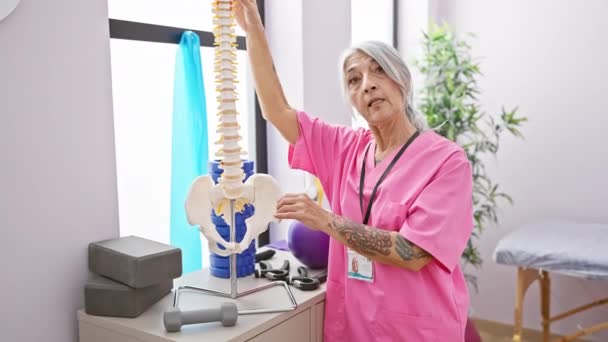 Poważna Siwowłosa Kobieta Doświadczona Fizjoterapeutka Trzymająca Anatomiczny Model Kręgosłupa Żarliwie — Wideo stockowe