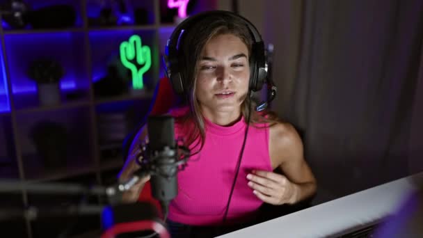 Ongelooflijk Jong Latijns Amerikaanse Vrouw Streamer Spelen Van Games Stralende — Stockvideo