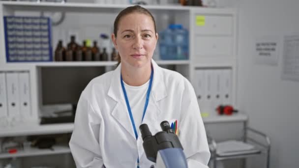 自信快乐的年轻金发女科学家喜欢工作 在活泼的实验室环境中使用显微镜时面带微笑 — 图库视频影像