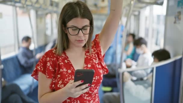 Mulher Hispânica Alegre Bonita Usando Óculos Feliz Usando Smartphone Enquanto — Vídeo de Stock