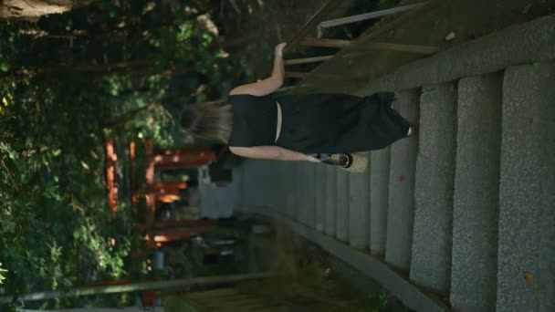 Beautiful Hispanic Woman Glasses Takes Serene Walk Away Downstairs Fushimi — Stock Video