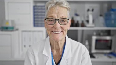 Kendinden emin ve gülümseyen gri saçlı son sınıf kadın bilim adamı. İşinden zevk alıyor. Mikroskop ve test tüplerinin arasında mutlu bir şekilde oturuyor.