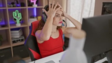 Çok çalışan ve stresli genç kadın flama, karanlık bir oyun odasında gece yarısı akıntısı sırasında bilgisayarın başında oturmaktan yorgun, portresi ile endişe ve mutsuzluğu ifade ediyor.