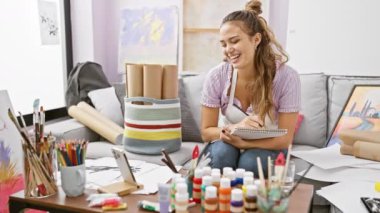 Güzel, genç İspanyol kadın sanatçı, akıllı telefonunda eğlenceli bir video görüşmesi yaparken, resim stüdyosunda neşe içinde resim çiziyor.