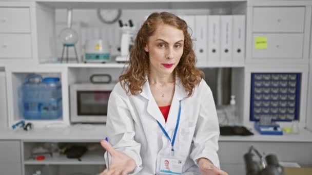 Självsäker Ung Kvinna Forskare Glatt Talar Medicinsk Forskning Ler När — Stockvideo