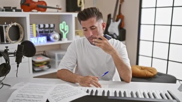 Vonzó Fiatal Spanyol Férfi Szíve Mélyén Zongoraművész Hangüzenetet Küld Okostelefonon — Stock videók