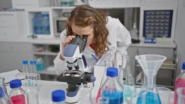 Laboratuvarda Mikroskop Kullanan Genç Bilim Kadını Notlar Alıyor — Stok video