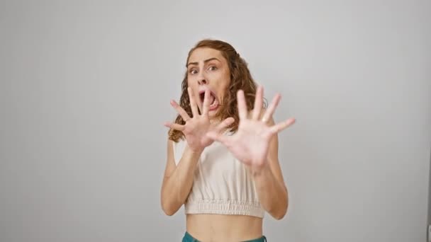 Terrified Young Woman Shouting Panic Standing Fearful Expression Stop Hand — Stock Video