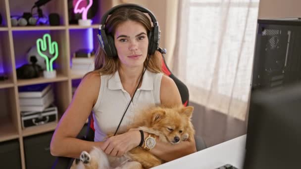 若いヒスパニック女性ストリーマーヘッドフォン 専門的に彼女の居心地の良いゲームルームで彼女の愛らしい犬とゲームの世界を支配し 仲間のサイバーゲーマーの軍隊のために夜にストリーミング — ストック動画