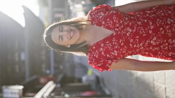 Cheerful Beautiful Hispanic Woman Smiling Confidently Kyoto Old Gion Street — Stock Video