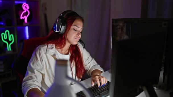 Uitgespannen Jonge Roodharige Vrouw Streamer Vechten Digitale Stress Tijdens Het — Stockvideo