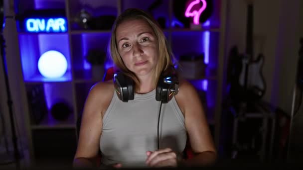Attractive Blonde Streamer Steals Show Sitting Arms Crossed Her Chic — Stock Video