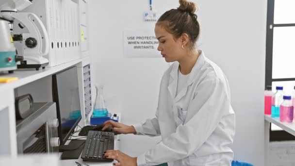 히스패닉 과학자 즐겁게 실험실에서 그녀의 작품을 즐기는 자신감 그녀의 컴퓨터에 — 비디오
