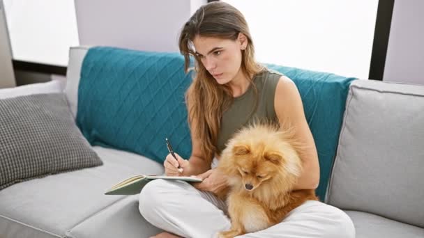 聪明的 年轻的惊慌失措的女人 和她的狗在沙发上沉思地坐着 深深地沉浸在笔记本上写着她的想法 — 图库视频影像
