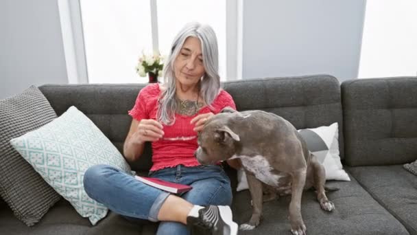 彼女の灰色の髪の犬と自信を持った中年の女性は 自宅で喜びと快適さを表現し ソファーの読書文献でリラックスを楽しんでいます — ストック動画