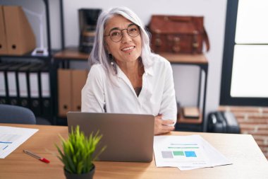 Middle age grey-haired woman business worker using laptop working at office