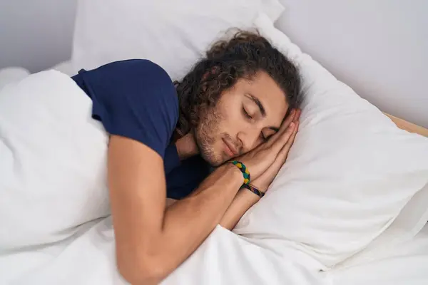 Young Hispanic Man Lying Bed Sleeping Bedroom — Stock Photo, Image