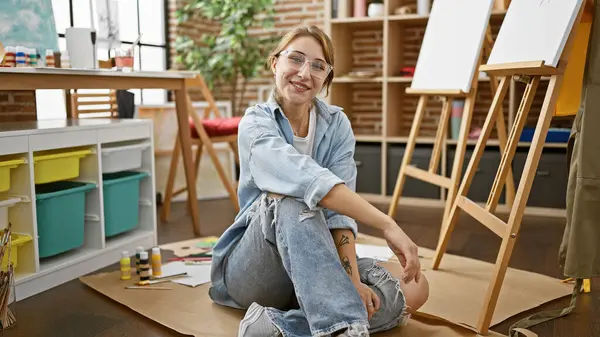 Młoda Artystka Uśmiecha Się Pewnie Siedząc Podłodze Pracowni Sztuki — Zdjęcie stockowe