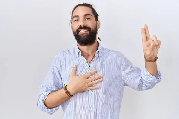 Hispanic Man Beard Wearing Casual Shirt Smiling Swearing Hand Chest — Stock Photo, Image