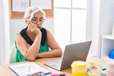 Ofiste dizüstü bilgisayar kullanarak orta yaşlı, gri saçlı iş kadını stresi