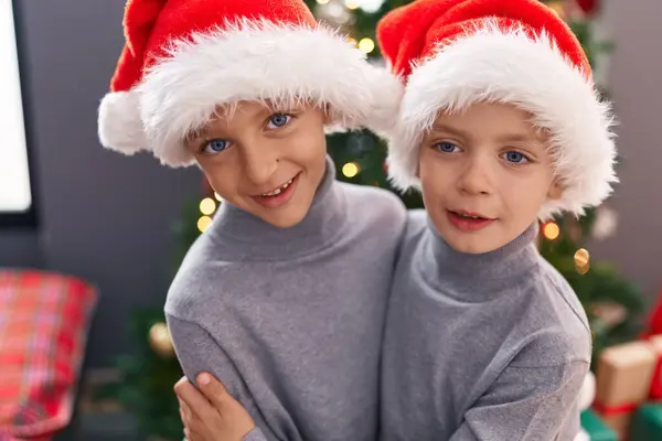 Adorable Boys Hugging Each Other Celebrating Christmas Home — Stock Photo, Image