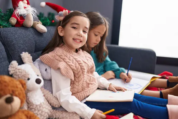 Adorable Girls Drawing Notebook Celebrating Christmas Home — Stock Photo, Image