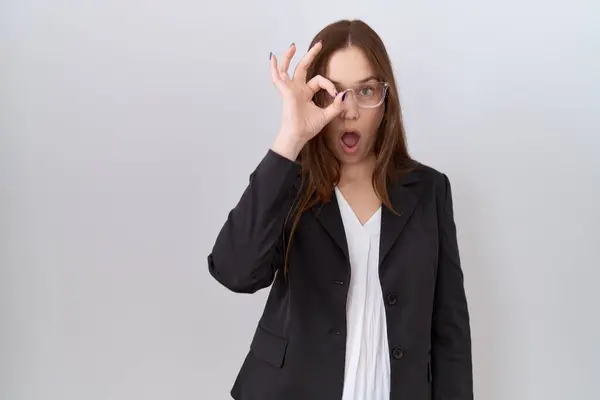 Beautiful Brunette Woman Wearing Business Jacket Glasses Doing Gesture Shocked — Stock Photo, Image