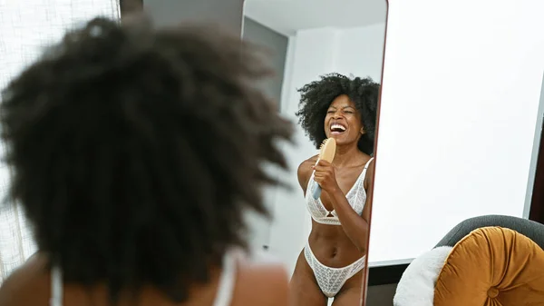 African American Woman Lingerie Model Looking Mirror Singing Song Home — Stock Photo, Image