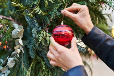 Young beautiful hispanic woman hanging christmas decor ball on tree at park