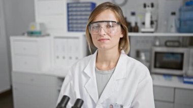 Gözlüklü çekici genç sarışın bilim kadını laboratuvarda mikroskop kullanarak tıbbi araştırmalara yoğunlaşıyor ve tıptaki buluşları keşfediyor.