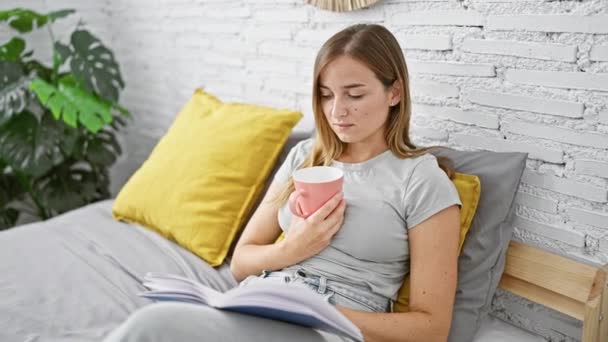 年轻的金发女人在卧室里喝咖啡看书 — 图库视频影像