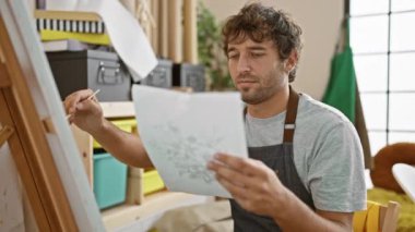 Resim stüdyosunda resim çizen genç bir sanatçı.