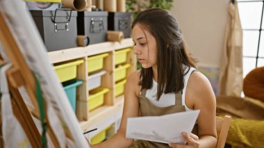 Odaklanmış, güzel İspanyol kadın sanatçı, rahat bir tavırla, canlı bir sanat stüdyosundaki resimlerine bakarak yaratıcılığını ve öğrenme derslerini ifade ediyor.