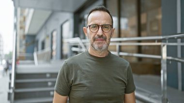 Gri saçlı, spor gözlüklü ve sakallı, kenar mahalle köşesinde duran, ciddi yüz ifadesi düşüncelerini ele veren orta yaşlı bir adam..