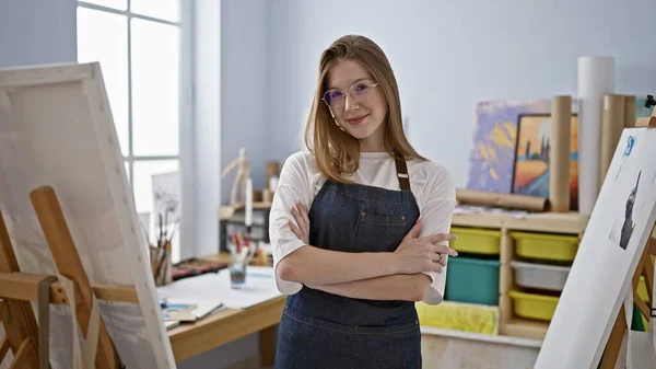 Young blonde woman artist smiling confident standing with arms crossed gesture at art studio