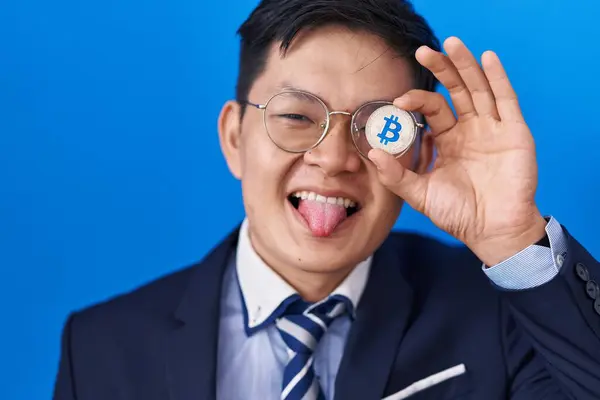 Young Asian Man Holding Virtual Currency Bitcoin Covering Eye Sticking — Stock Photo, Image