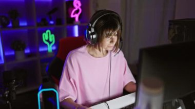 Gecenin karanlığında gülen, genç, güzel İspanyol kadın oyuncu kısa saçlı, ev içi oyun odasından bilgisayardan güvenli bir şekilde video oyunu oynuyor.