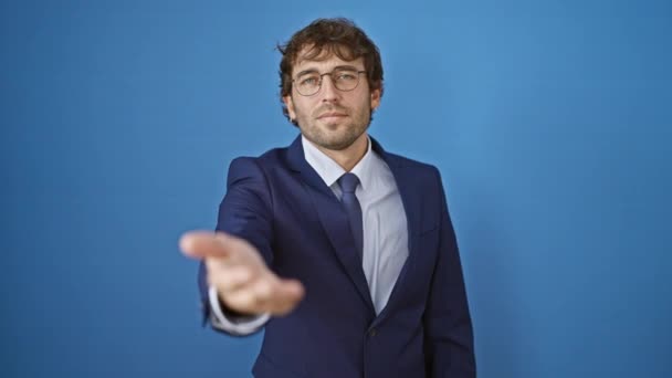 Charismatic Young Man Business Suit Showing Friendly Offer Gesture Giving — Stock Video