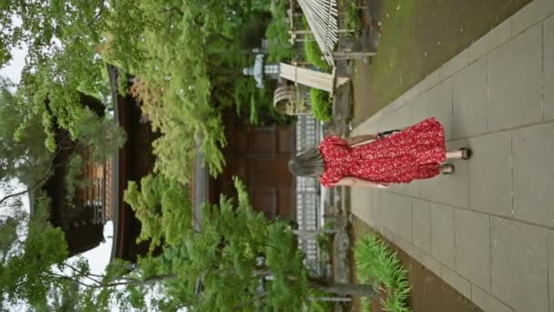 안경에 히스패닉 여자는 Gotokuji 사원의 매력을 캐주얼 산책에 머리의 초상화 — 비디오
