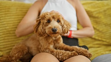 Köpekli beyaz bir kadın evdeki kanepede oturuyor.