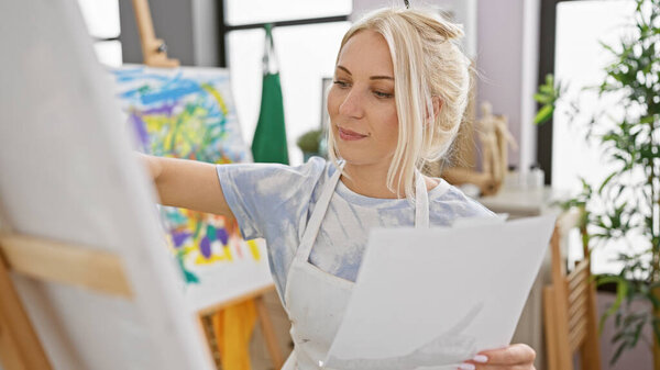 Уверенная молодая блондинка, улыбающаяся во время рисования на бумаге в художественной студии