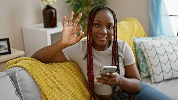 Cheerful African American Woman Enjoying Fun Texting Smartphone Expressing Joy — Stock Photo, Image