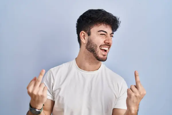 Hispanic Man Beard Standing White Background Showing Middle Finger Doing — Stok fotoğraf