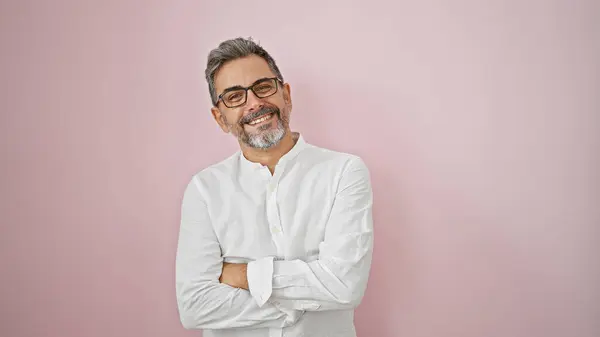 Happy Confident Young Hispanic Man Grey Hair Cool Glasses Standing — Stock Photo, Image