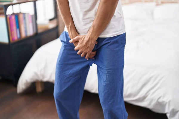 Young Hispanic Man Covering His Genitals Hands Bedroom — Stock Photo, Image