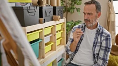 Ciddi, orta yaşlı, kır saçlı, sanat okulu çiziminden şüphe eden bir adam. Gözlüklü bir sanatçı atölyesinde düşünüyor..