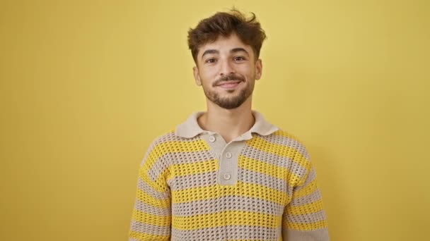 잘생긴 자신감 즐겁게 긍정적인 행복으로 노란색 배경에 수염을 — 비디오
